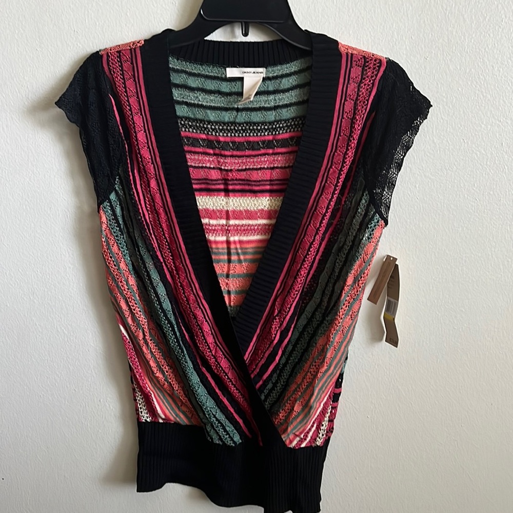 DKNY crochet knit crossover sweater.
